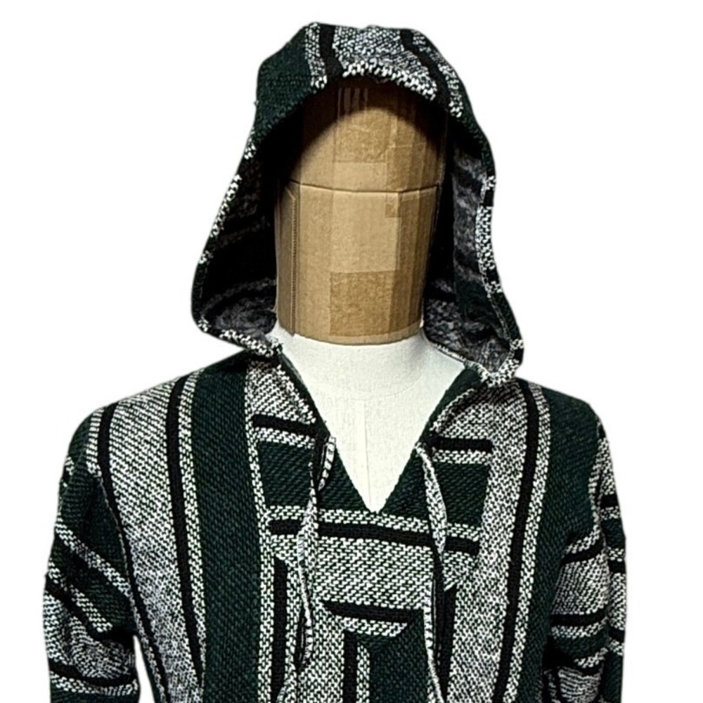 Mexican Baja Drug Rug Hoodie Mens Large Pullover Black Green White Sweatshirt‎